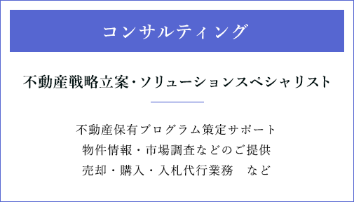 コンサルティング不動産戦略立案・ ソリューションスペシャリスト不動産保有プログラム策定サポート物件情報・市場調査などのご提供売却・購入・入札代行業務　など