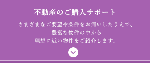 不動産のご購入サポートさまざまなご要望や条件をお伺いしたうえで、豊富な物件の中から理想に近い物件をご紹介します。